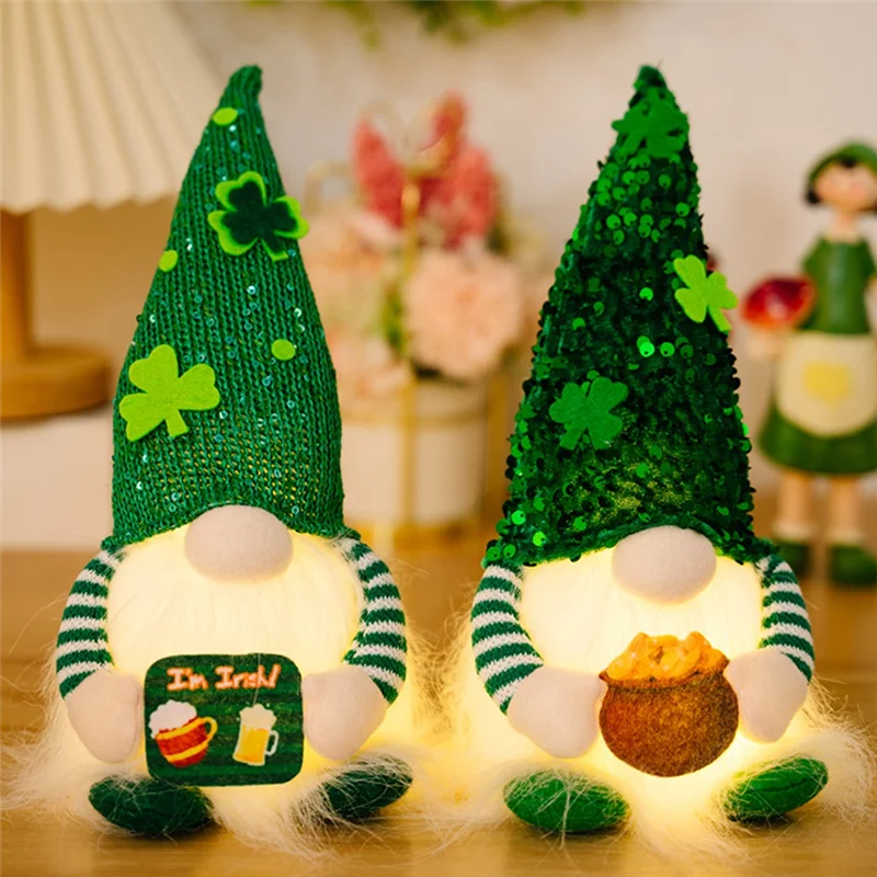 Glowing Gnome Elf Shamrock Figurines – Radiant St. Patrick's Day Home Accents for Festive Living Room Decor, Single or Double Pack