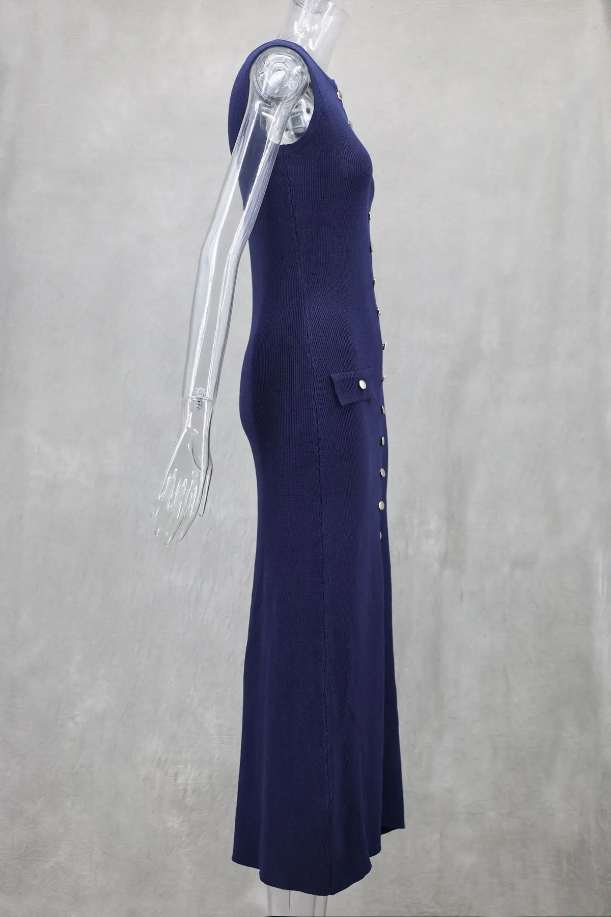 High Slit Knitted Maxi Dress for Women – Apricot Sleeveless Button Detail Bodycon Party Winter Dress