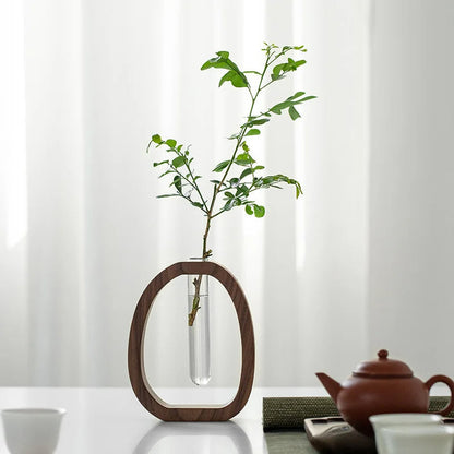 Mini Wood & Glass Flower Vase – Elegant Tabletop Flower Arrangement Pot for Water-Grown Plants and Decorative Styling