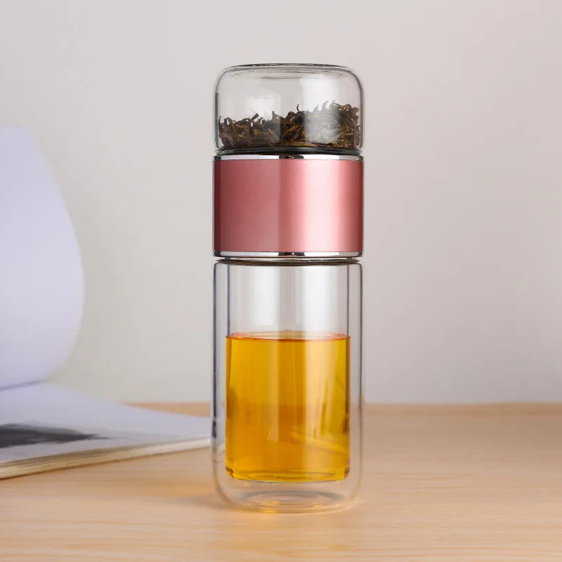 Double-Glazed Glass Water Bottle with Case – Eco-Friendly Tea Infuser Drinkware for Hot & Cold Beverages On the Go