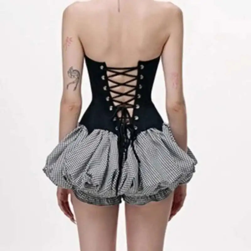 Spring Strapless Skirt - Fashion-Forward Bandage Back Plaid A-Line Skirt with High Elastic Waist for Modern Women