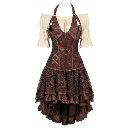 Women’s Pirate Corset Dress – Plus Size Brown Faux Leather Steampunk Costume with Off-Shoulder Blouse for Halloween Party Cosplay
