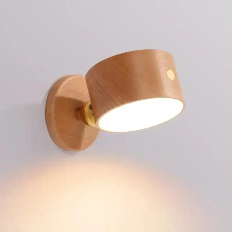 Wooden LED Bedside Reading Lamp – 360° Rotating Touch-Control Night Light, USB Rechargeable, Dimmable, Wall Mountable for Stylish Bedside Glow