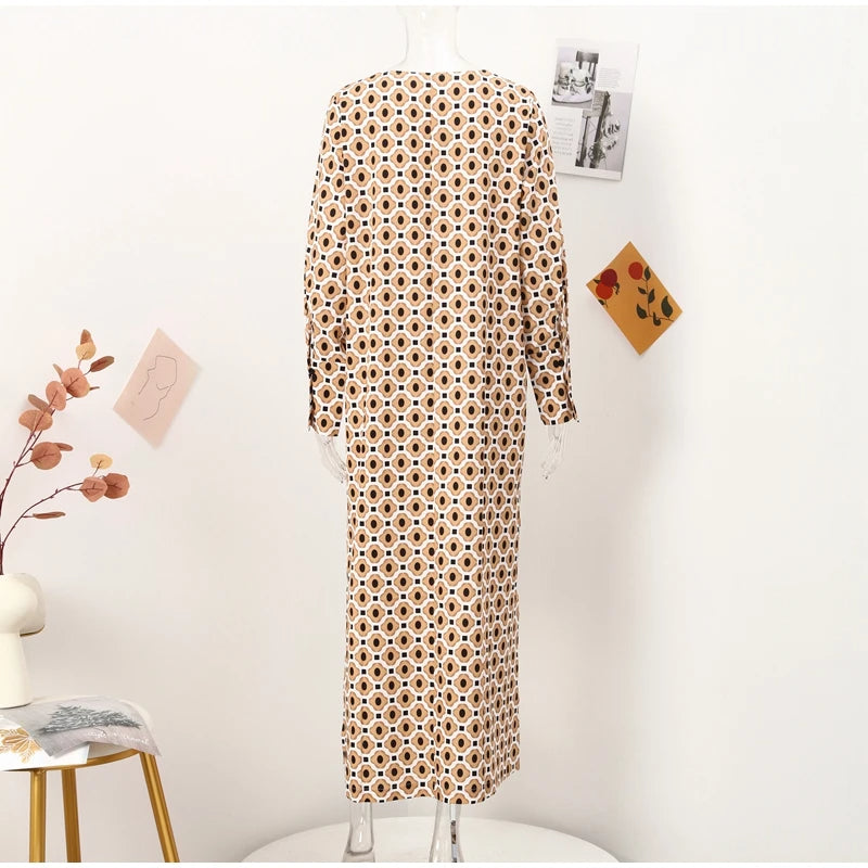 Floral Geometric Split Dress – Women’s Summer Long Sleeve V-Neck Ankle-Length Print Dress for Casual Fashion and Comfortable Elegance