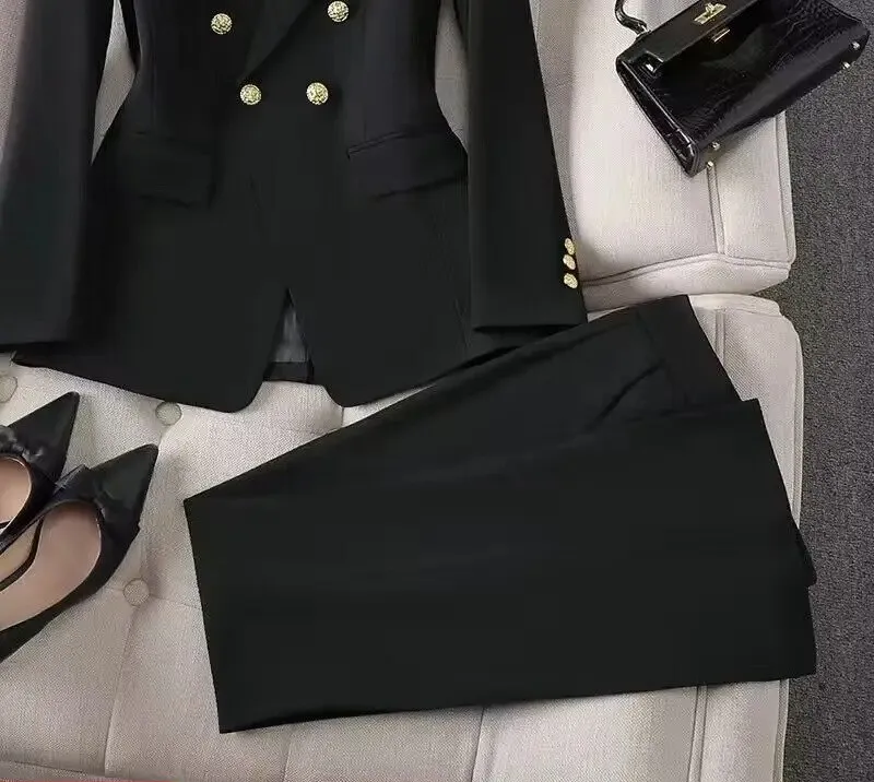 Women's Pant Suit – Double Breasted Business Blazer Set, Gold Buttons – Blazer, Pants or Skirt