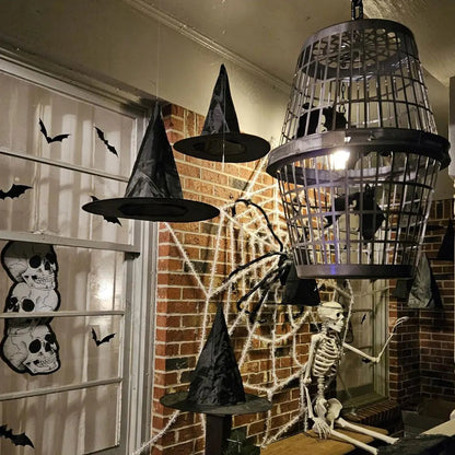 Halloween Hanging Witches Hats – Bulk Black Wizard Hats with Rope for Outdoor Porch Party Decoration and Favors