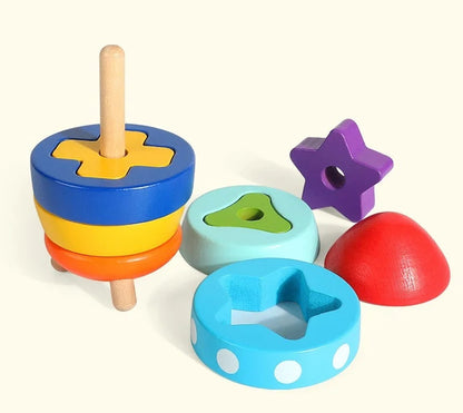 Rocket Tower Wooden Blocks Game – Montessori-Inspired Color & Shape Stacking Toy for Kids’ Cognitive Learning and Fine Motor Development