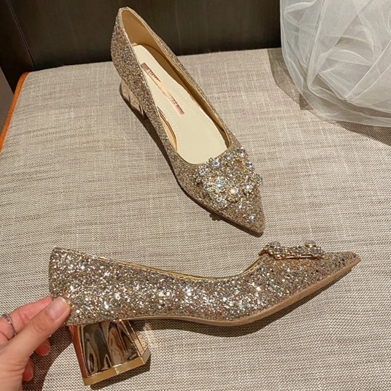 Rhinestone Wedding Shoes – Glitter Block Heel Pumps with Crystal Bow Buckle for Weddings and Parties