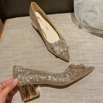 Rhinestone Wedding Shoes – Glitter Block Heel Pumps with Crystal Bow Buckle for Weddings and Parties