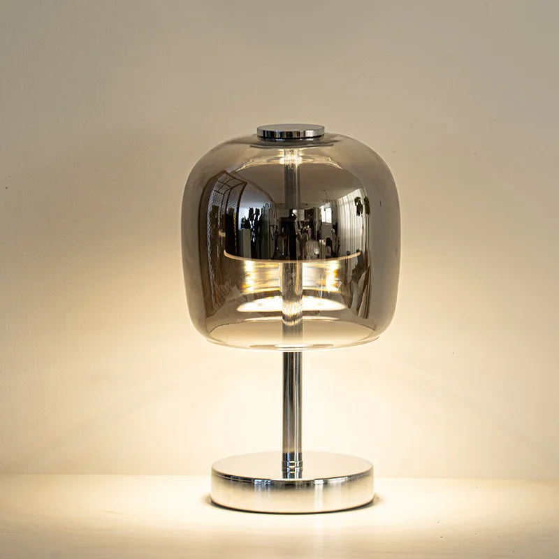 Nordic Smoke Gray Glass Table Lamp – High Transparency Decorative Bedside Lamp for Living Room and Club Decor