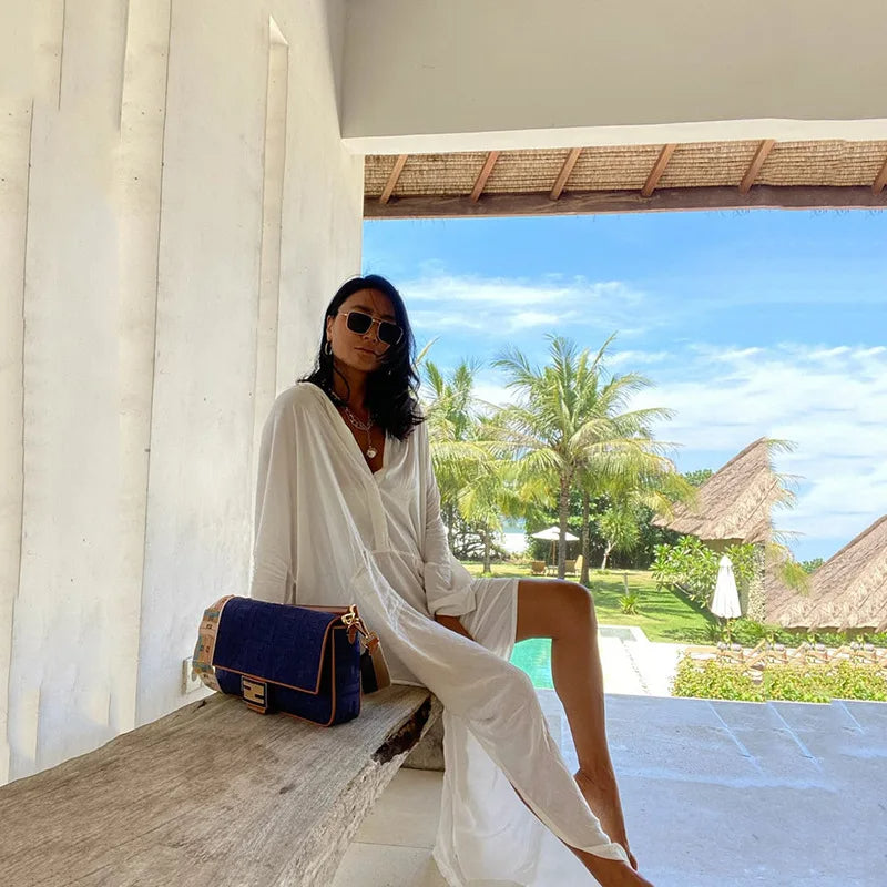 White Swimsuit Cover-Up Maxi Kaftan – Elegant Kimono-Style Beach Dress with Loose Fit, Side Pockets, and Lightweight Summer Tunic for Bathing Suits