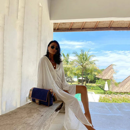 White Swimsuit Cover-Up Maxi Kaftan – Elegant Kimono-Style Beach Dress with Loose Fit, Side Pockets, and Lightweight Summer Tunic for Bathing Suits