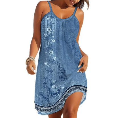 Elegant Floral Print Knee-Length Dress – Women’s Sleeveless Beach Sundress with Strapless Collar, Lightweight Polyester Fabric, Loose Fit, Comfortable All-Season Design, Ideal Summer Casual Outfit