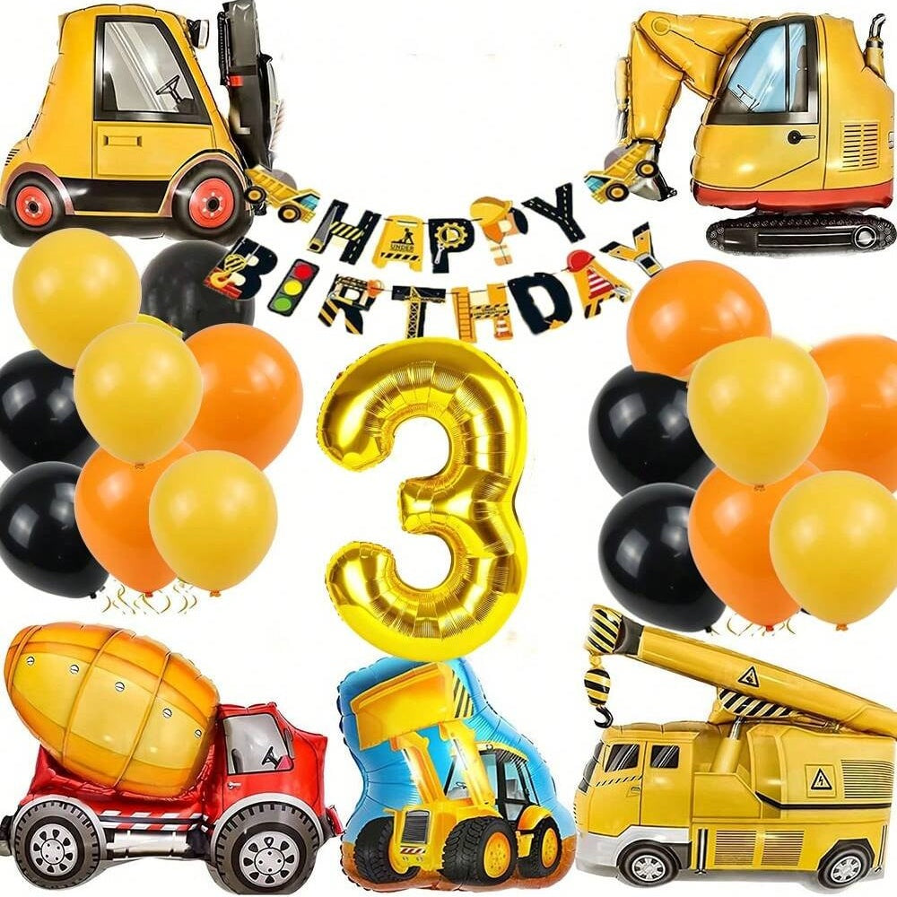 Construction Vehicle Balloon Set – Birthday Party Decor Featuring Excavator, Fire Truck & Tractor Theme Designs
