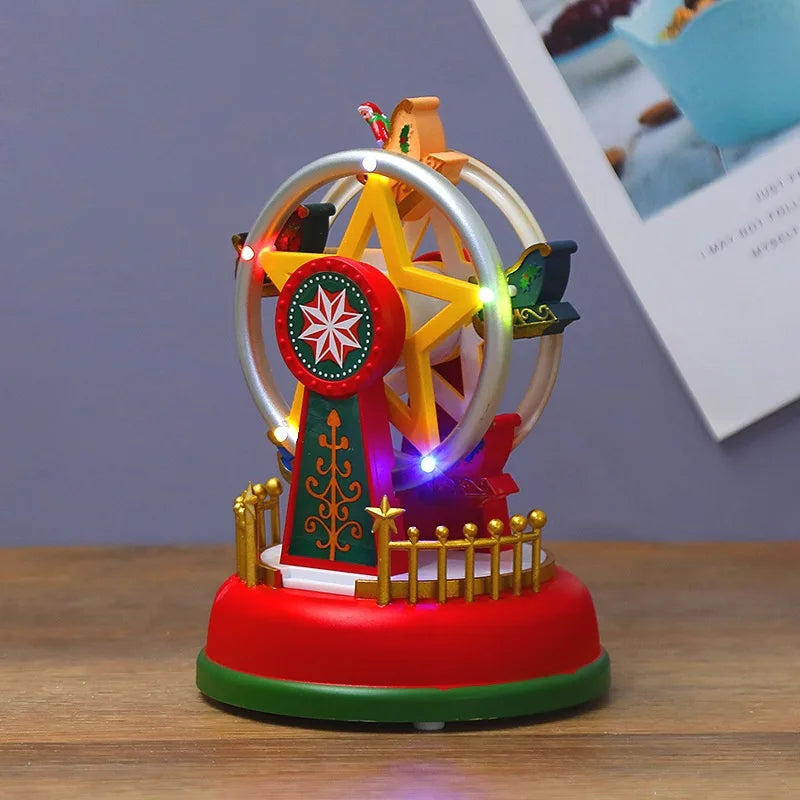 Christmas Popcorn Scene Music Gift Box – Rotating Santa Village Tabletop Decoration with Lights, Holiday Display Ornament for Kids & Home
