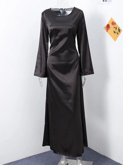 Satin Round Neck Long Lace-Up Evening Dress – Elegant Flare Sleeve High-Waist Party Gown for Glamorous Women
