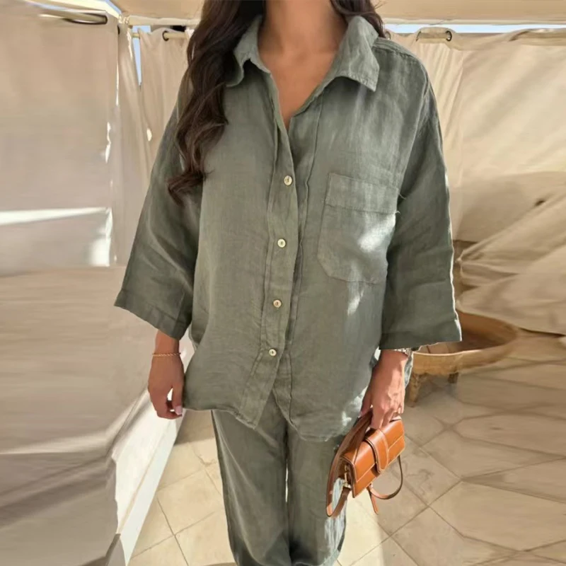 Solid Shirt & Wide-Leg Pants Set – Summer Vintage Streetwear for Women, Button-Down Blouse & Elegant Trousers