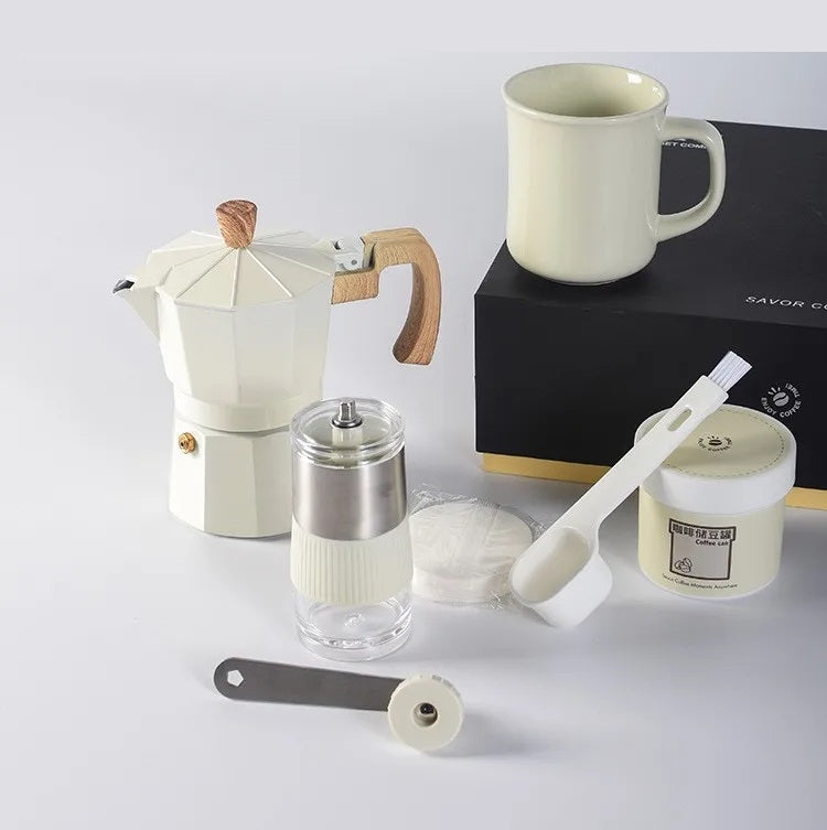 Six Pieces Manual Coffee Maker Gift Set – Moka Pot with Grinder, Cup, Bean Jar, Filter Paper, Spoon, and Brush for Home Brewing Lovers