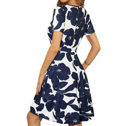 Floral Summer Dress Women - High Waist Short Sleeve Knee Length Dress, Casual Elegant Outfit for Daily and Party Wear