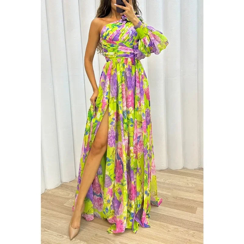 Off Shoulder Slit Dress Women - Long Sleeve Waist Tie Holiday Party Dress, Elegant Printed Fashion Outfit for Evening and Casual Wear