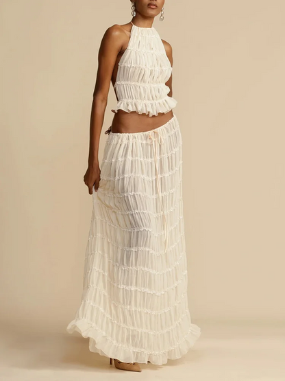 Sexy Two-Piece Hollow Out Set Dress – Backless Lace-Up Crop Top & Long Skirt for Beach & Club Vibes