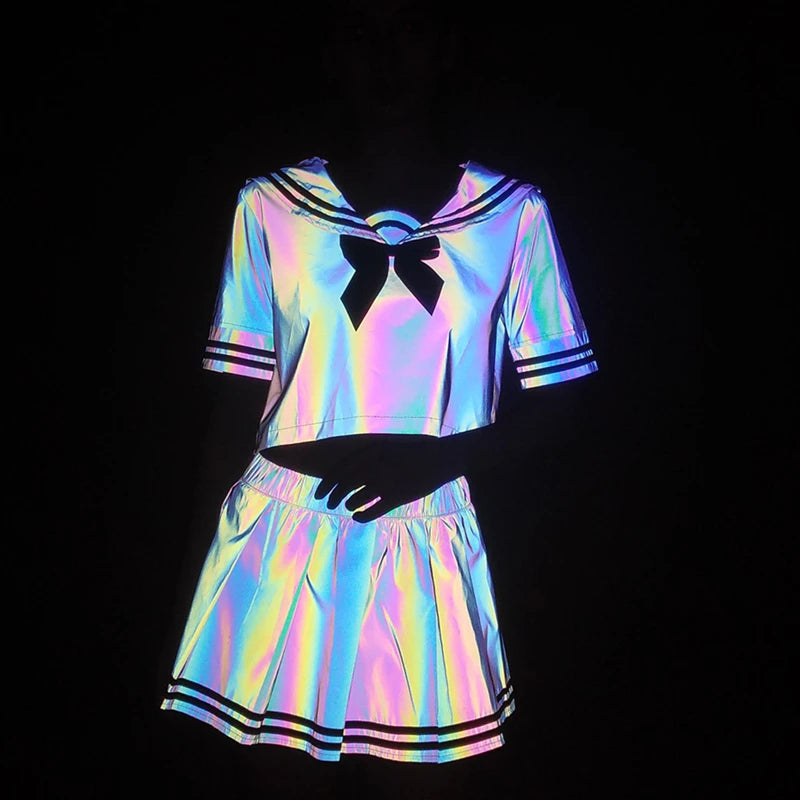Sexy Colorful Reflective Pleated Two Piece Set – Women’s Blouse and Skirt Outfit with Kawaii Style, Trendy Streetwear Party Fashion Ensemble