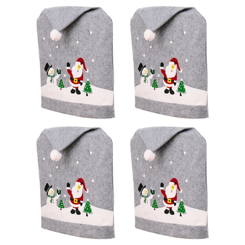 Santa Hat Chair Covers – Festive Gray Dining Chair Slipcovers for Cozy Christmas Home & Holiday Party Decoration