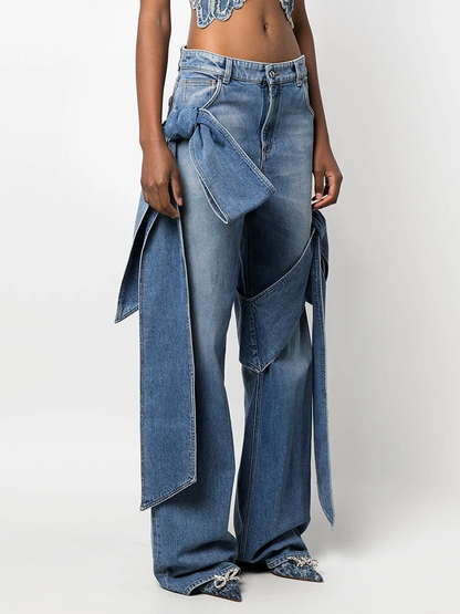 Wide Leg Patchwork Bow Jeans – High-Waist Straight Leg Denim with Feminine Streetwear Flair and Pocket Detailing