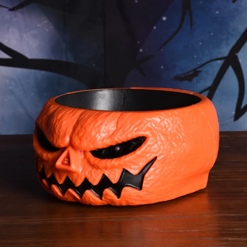 Halloween Animated Candy Bowl – Pumpkin Skeleton Dish with LED Red Eyes, Spooky Sound, and Moving Hand Party Decoration Prop