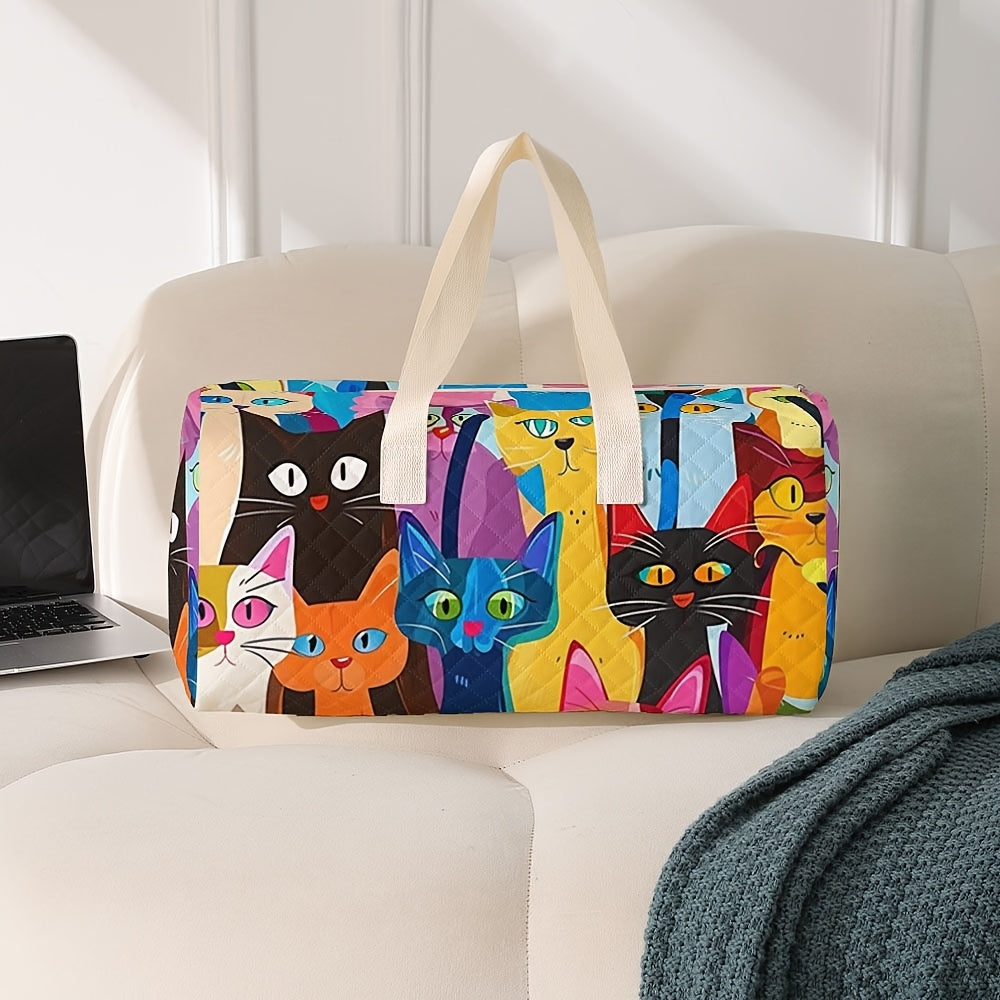 Cartoon Cat Travel Duffel Bag – Large Capacity Quilted Gym, Yoga, and Training Bag with Shoe Compartment and Stylish Print