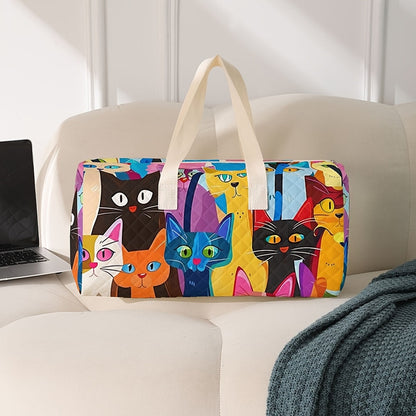 Cartoon Cat Travel Duffel Bag – Large Capacity Quilted Gym, Yoga, and Training Bag with Shoe Compartment and Stylish Print