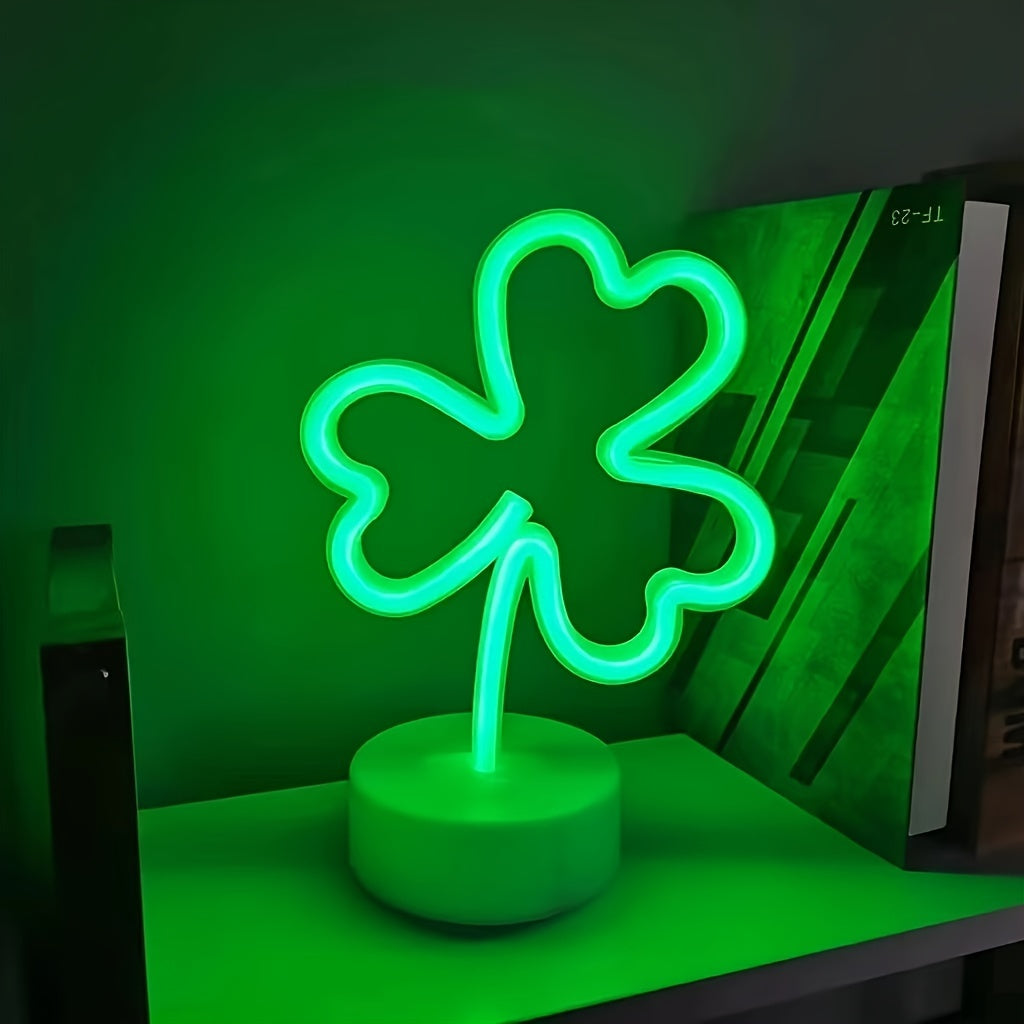 Green LED Clover Neon Light – USB & Battery Powered Art Deco Shamrock Sign for Indoor Spring Celebrations & St. Patrick’s Day