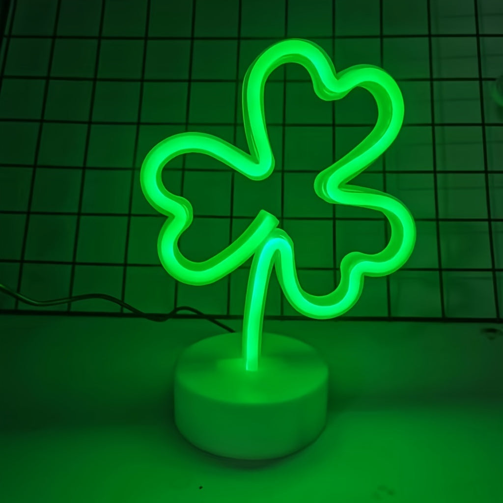 Green LED Clover Neon Light – USB & Battery Powered Art Deco Shamrock Sign for Indoor Spring Celebrations & St. Patrick’s Day