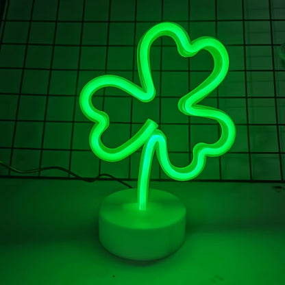Green LED Clover Neon Light – USB & Battery Powered Art Deco Shamrock Sign for Indoor Spring Celebrations & St. Patrick’s Day