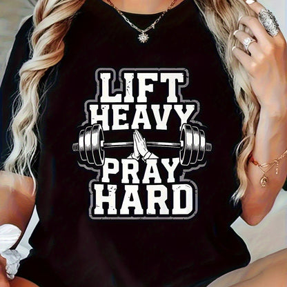 Women’s “Lift Heavy Pray Hard” Gym Shirt – Inspirational Fitness T-Shirt with Geometric Weightlifting Design, Soft Stretch Athletic Top for Workout and Daily Wear