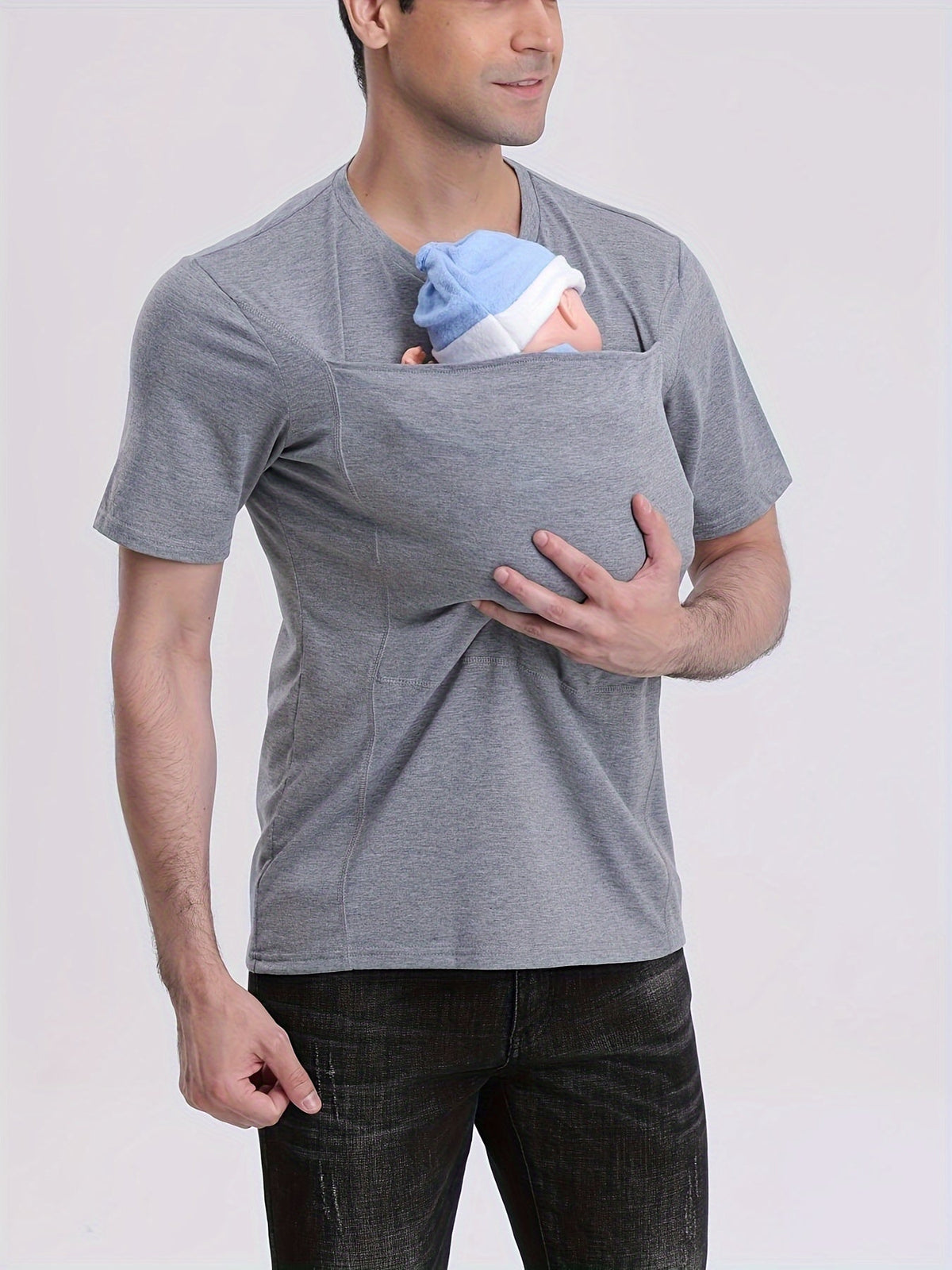 Men’s V-Neck Short Sleeve T-Shirt with Stylish Kangaroo Pocket – Breathable Polyester Blend Ideal for Everyday Casual Streetwear