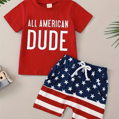 All-American Dude Baby Boys’ 2-Piece 4th of July Set – Red Patriotic T-Shirt & Stars-and-Stripes Shorts for Summer Independence Celebrations