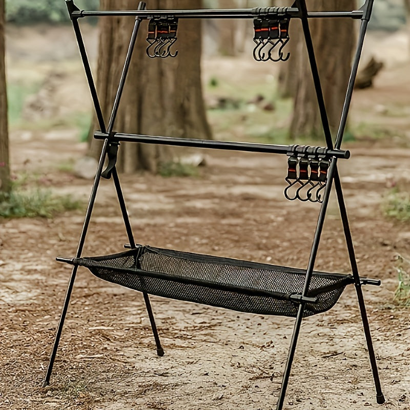 Portable Camping Gear Organizer Rack – Black Aluminum Alloy Frame with Hanging Hooks and Lantern Holder, Easy Setup for Campsites