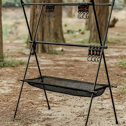 Portable Camping Gear Organizer Rack – Black Aluminum Alloy Frame with Hanging Hooks and Lantern Holder, Easy Setup for Campsites