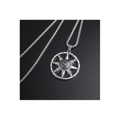 Vintage Men’s Compass Pendant Necklace – Stainless Steel Round Compass Jewelry for Travel-Inspired Street Style Accessories