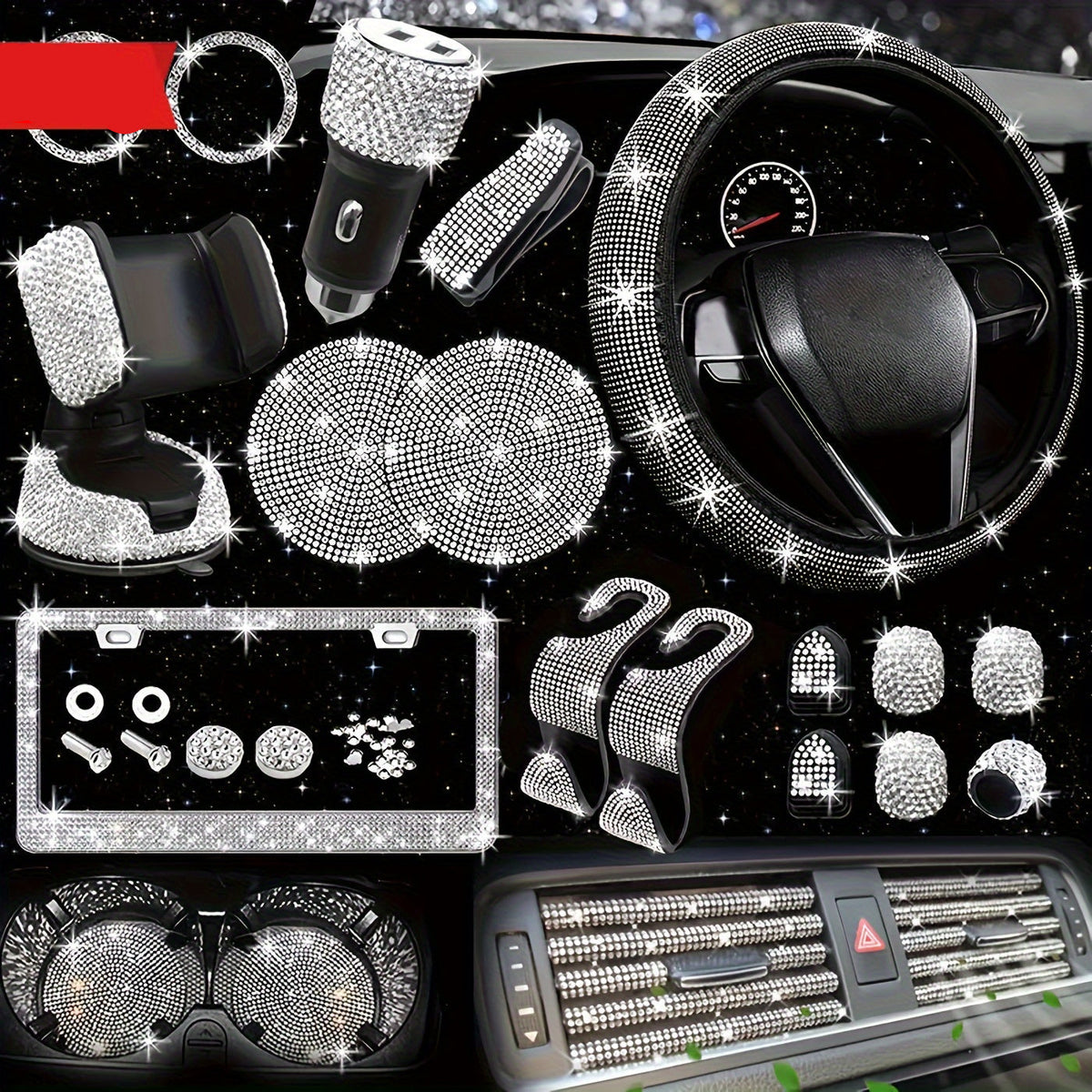 Bling Interior Set for Women with Rhinestone - 27pcs. Luxury Car Accessories for Steering Cover, Crystal Push Start Ring and Gear Trim