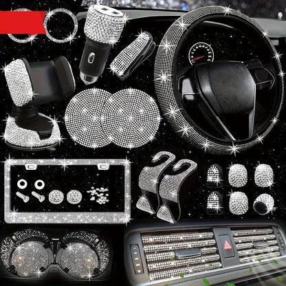 Bling Interior Set for Women with Rhinestone - 27pcs. Luxury Car Accessories for Steering Cover, Crystal Push Start Ring and Gear Trim