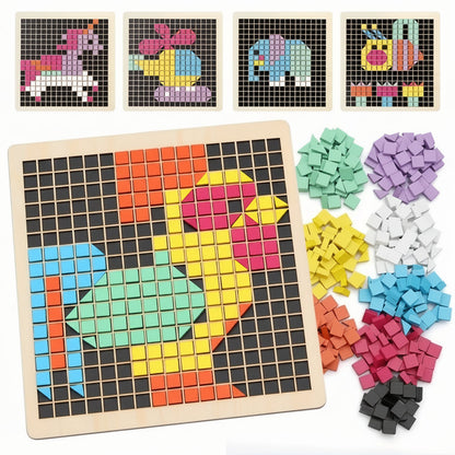 Colorful Wooden Mosaic Puzzle – 370-Piece Colorful Shape Pattern Pixel Board STEM Toy for Kids
