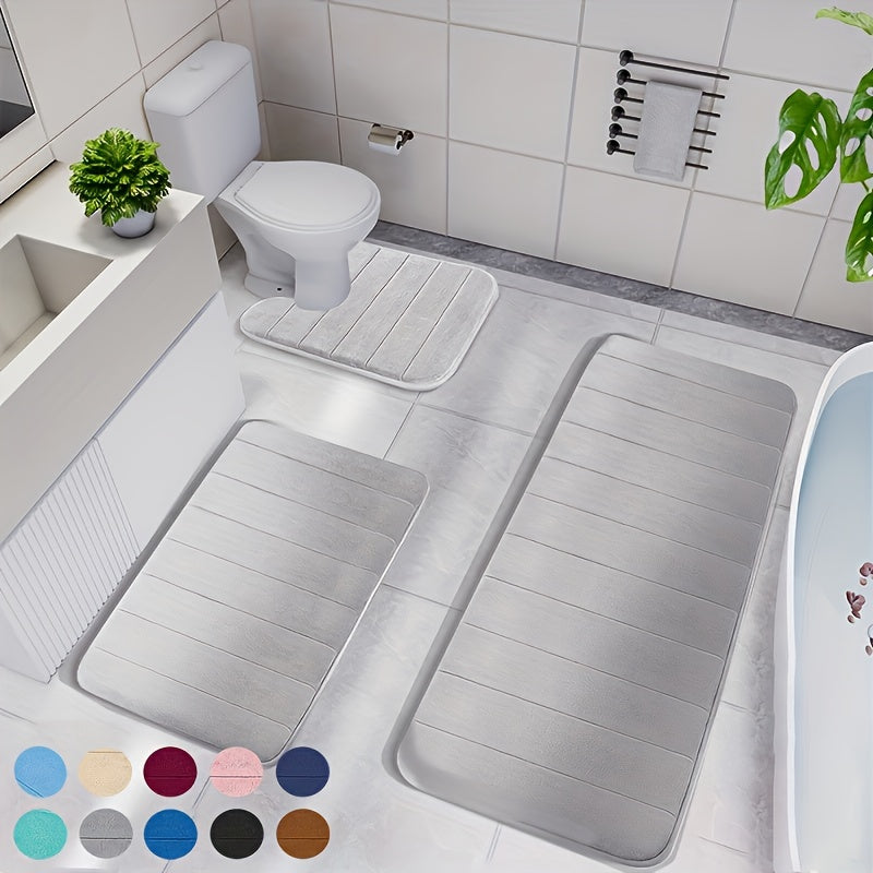 Memory Foam Bath Rug Set – 3pcs Soft, Non-Slip, Machine-Washable Mats for Shower, Kitchen, Bedroom & Indoor Floor Comfort