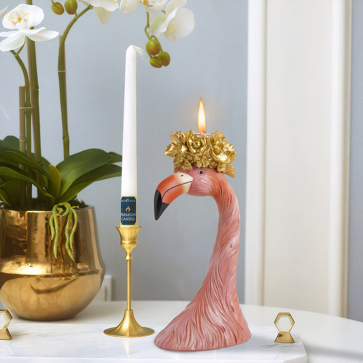 Pink Flamingo Candle Holder – Elegant Tropical Table Decor with Gold Accents for Weddings and Holiday Displays