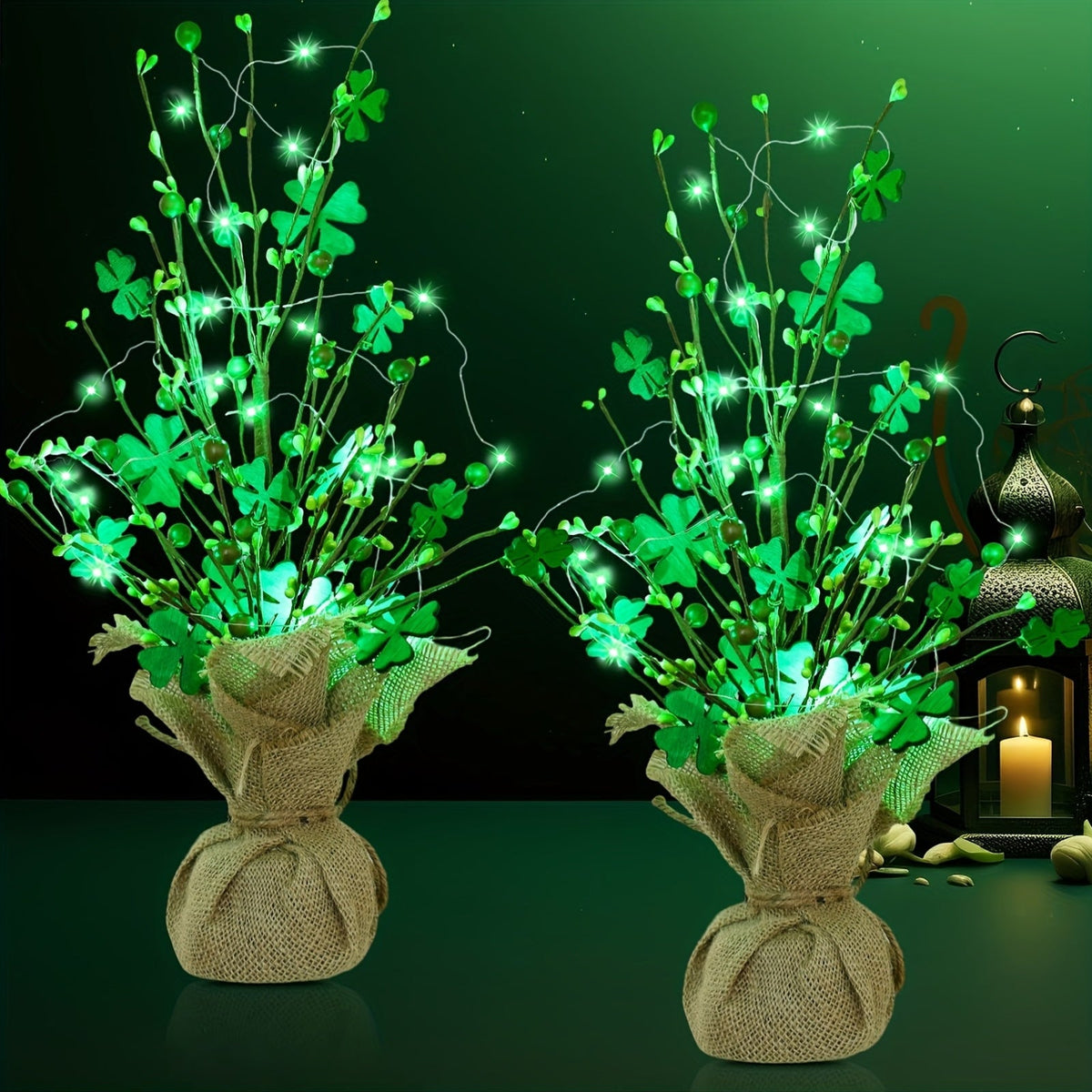 Light-Up St. Patrick’s Day Tabletop Tree – Green Clover Leaves and Fairy Lights for Charming Irish Holiday Home Decor