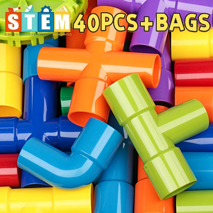 Creative Water Pipe Building Blocks – STEM Educational Tube Toys with Wheels Baseplate for Boys and Girls