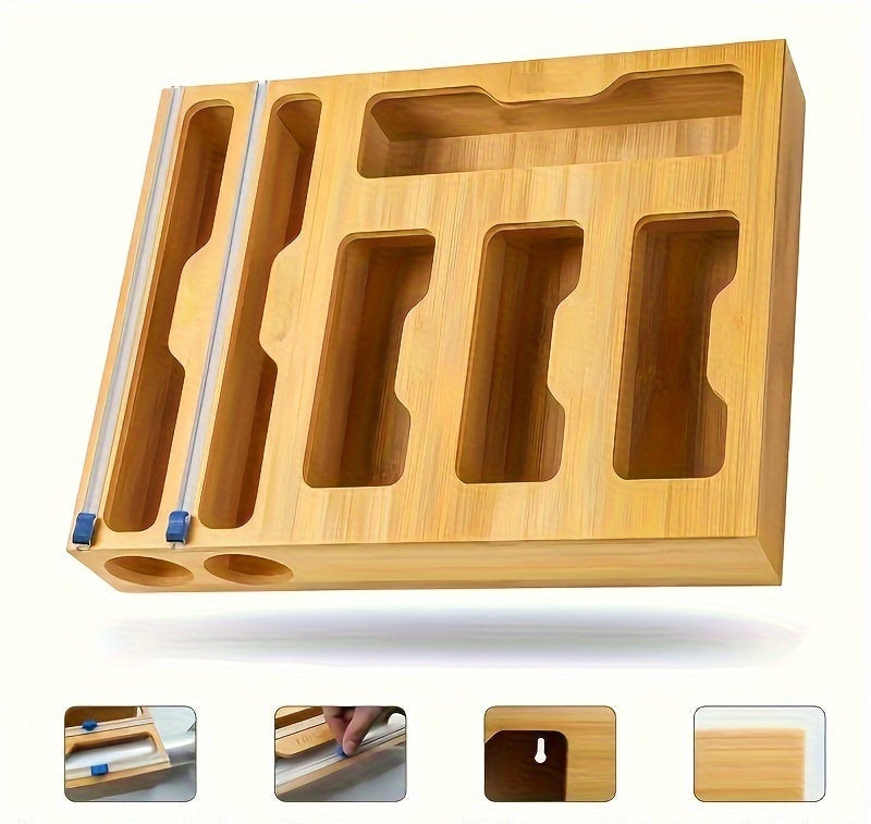 Bamboo Ziplock Bag Organizer – Kitchen Drawer Storage with Wrap Cutter for Bags, Foil, and Eco-Friendly Organization