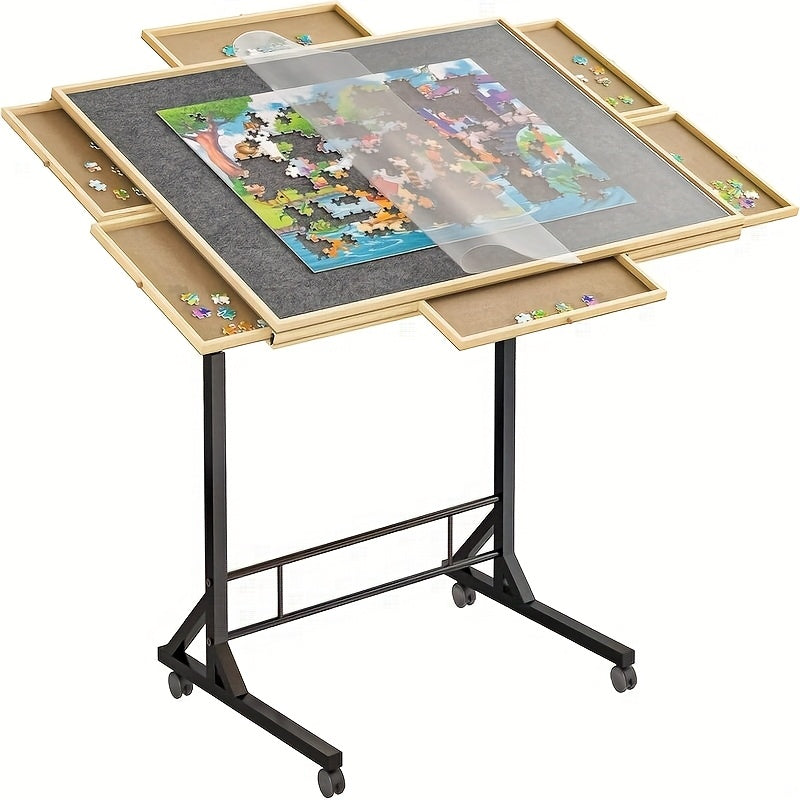 Tilting Wooden Puzzle Table with 4 Drawers - Height-Adjustable Rolling Jigsaw Board with Felt Top and Clear Cover, for Puzzles up to 1500 Pieces