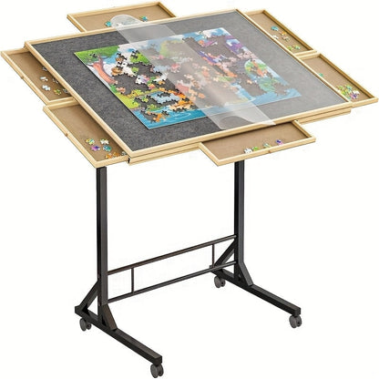 Tilting Wooden Puzzle Table with 4 Drawers - Height-Adjustable Rolling Jigsaw Board with Felt Top and Clear Cover, for Puzzles up to 1500 Pieces